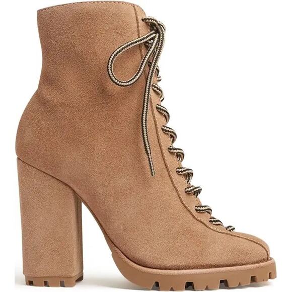 SCHUTZ Shoes - Schutz Naina Suede Boots Tan Sherpa Lined Lace Up Heeled Booties Lug Sole Size 8